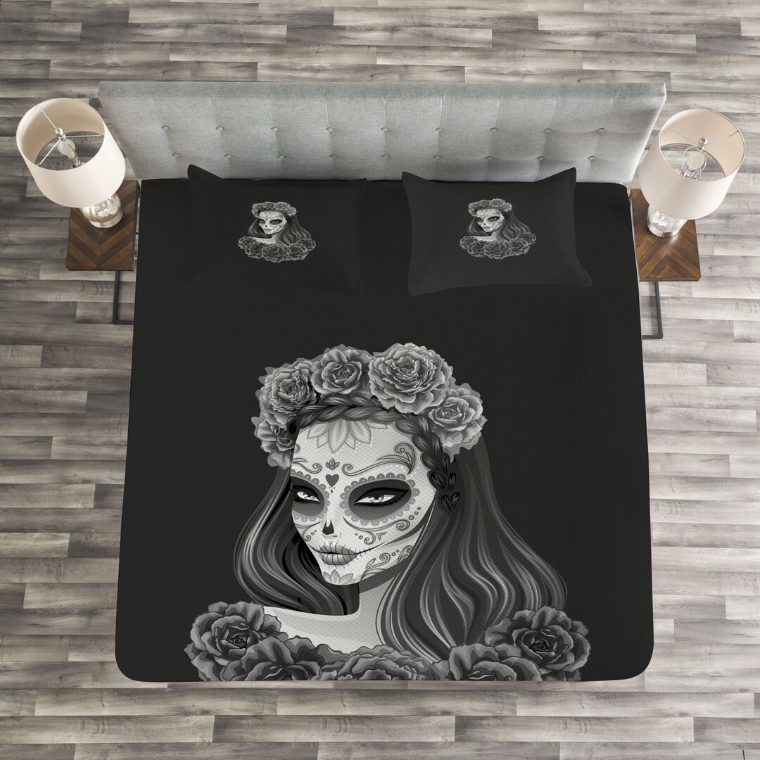 Gestepptes Bettdecken-Set, Calavera Mädchen, Tag der Toten, Charcoal Grey Pale Grau