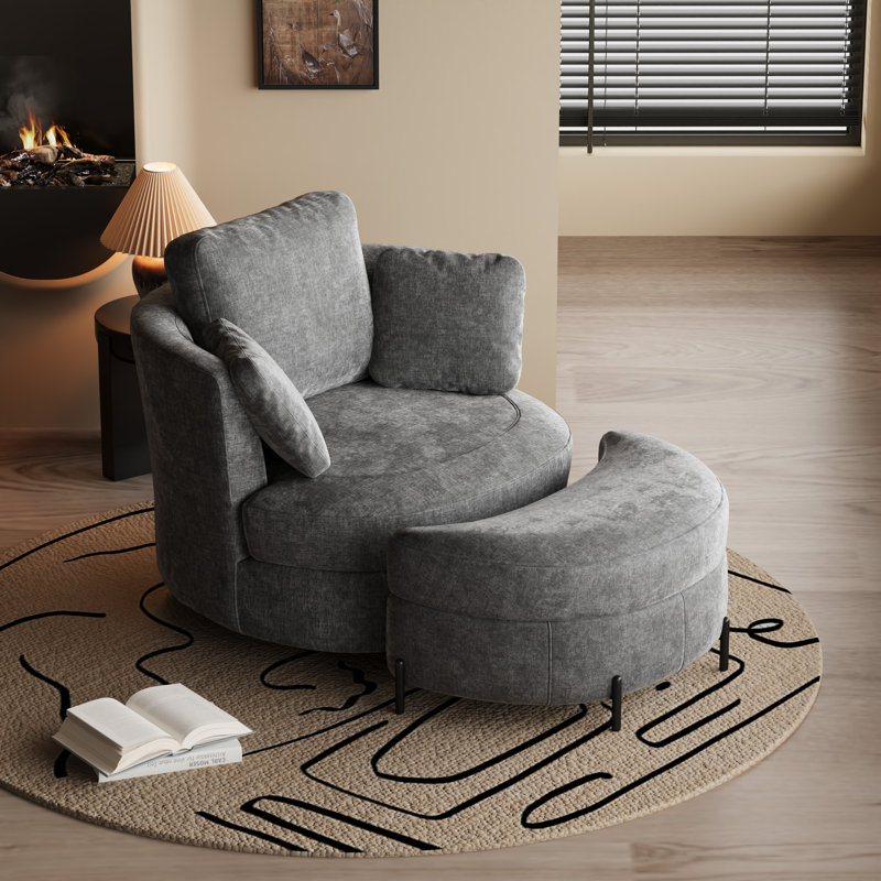 Ensemble de fauteuil d'appoint, fauteuil demi-tonneau pivotant à 360 ° et repose-pieds avec rangement, Gris