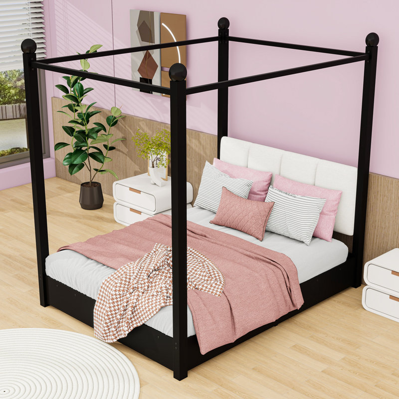 Lit plateforme à baldaquin luxueux avec tête de lit tapissier en lin, Grand lit, Noir