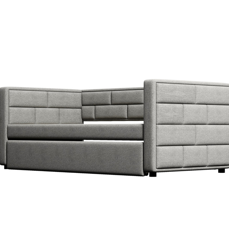 Lit de jour simple gris avec lit gigogne, support de lit rembourré rembourré, pour lit gigogne gris, dossier confortable