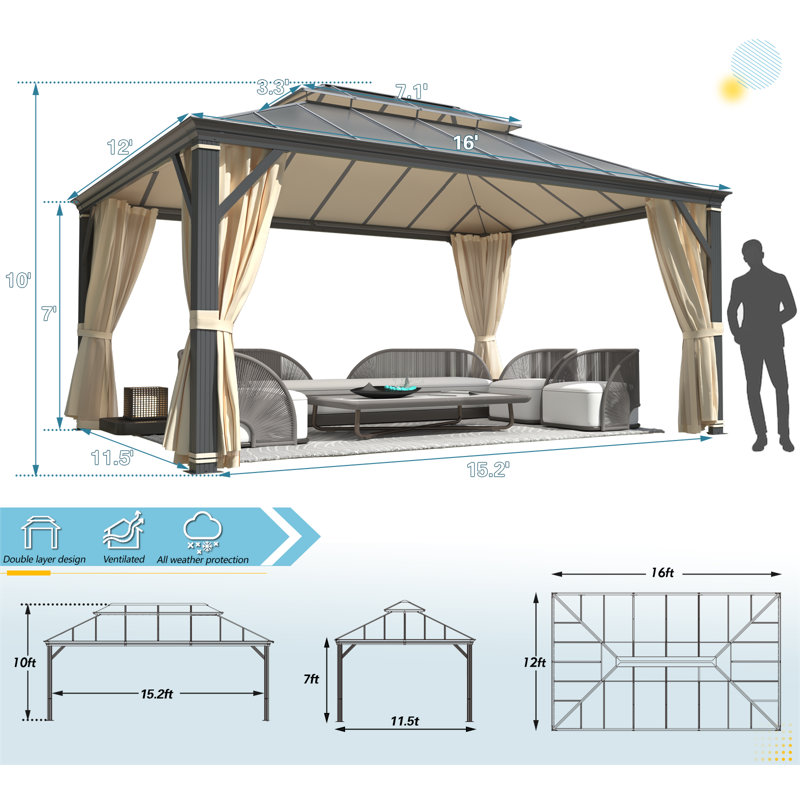 Outdoor Hardtop Gazebo with Aluminum Frame & Double Galvanized Steel Roof, Heavy Duty Permanent Pavilion with Netting & Curtains for Patio, Lawn, Deck