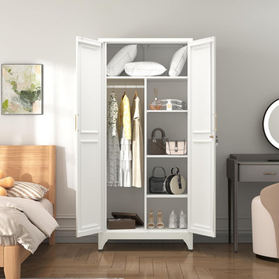 Metal Armoire Wardrobe Closet With Doors, 71" Tall Wardrobe Cabinet With Lock, Hanging Rod And 3 Adjustable Shelves, Steel Clothing Storage Cabinet For Bedroom, Home Office, Employee, Gym, White