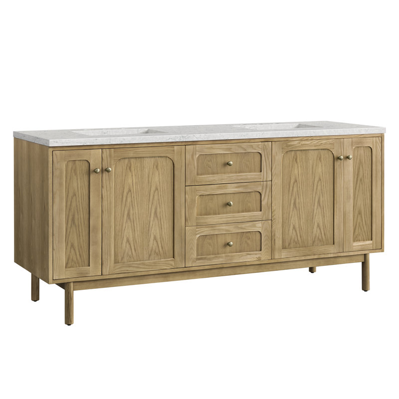 Laurent 72" Double Vanity, Light Natural Oak W/FreePower Wireless Charger, Eternal Jasmine Pearl, Light Natural Oak