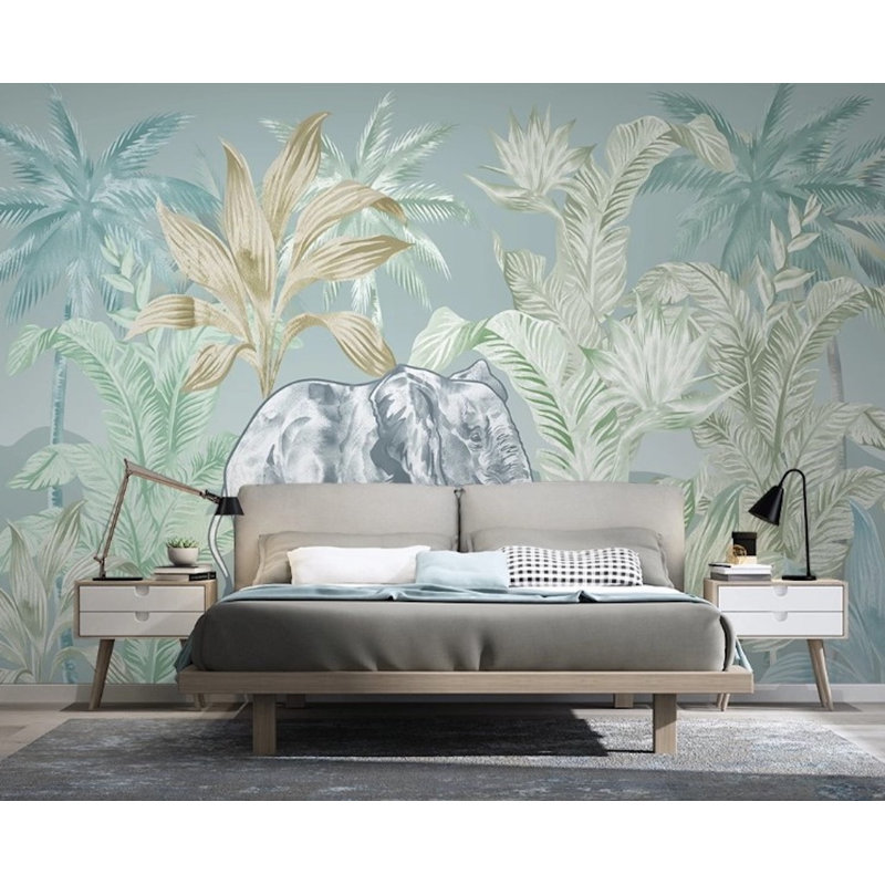 Papier peint amovible bébé éléphant et feuilles tropicales, L 75 po x l 112 po