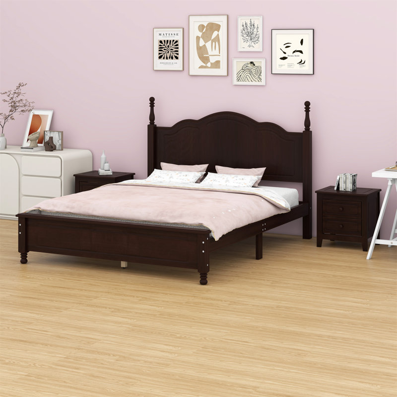 Lit plateforme en bois et deux tables de chevet, Grand lit, Noyer foncé