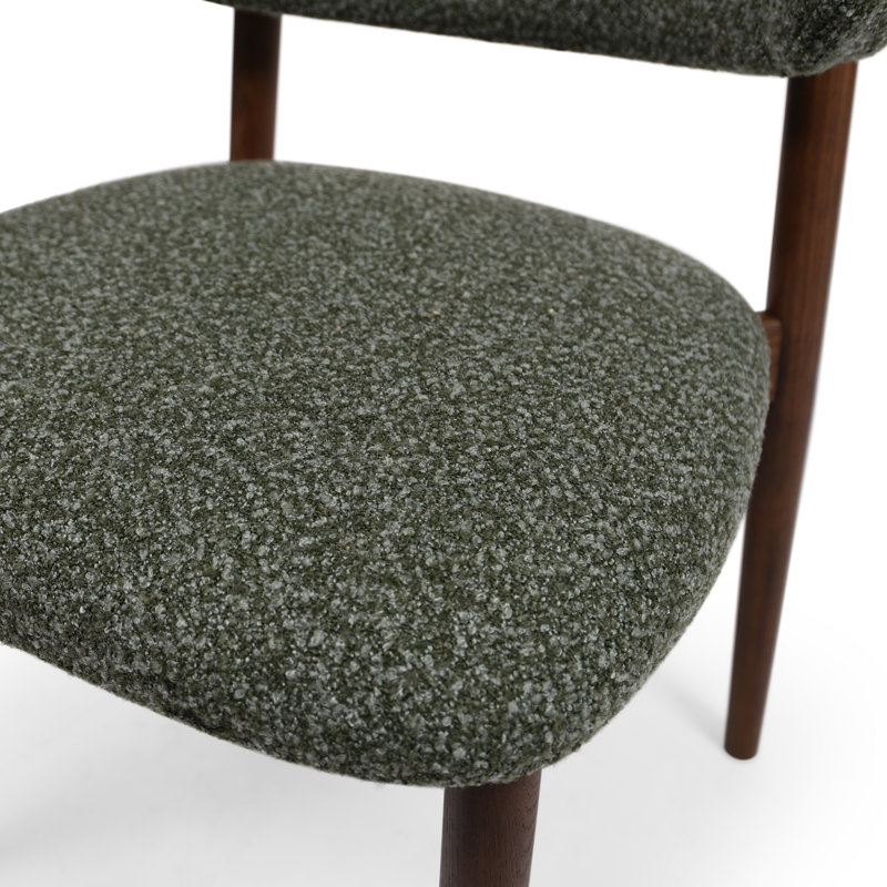 Modern Curved Boucle Dining Chair with Oak Back and Legs, Green