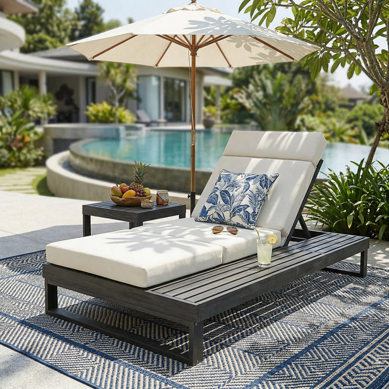 Chaise longue avec coussin à 4 plis, chaise longue d'extérieur réglable avec surface latérale plate