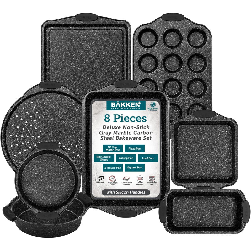 Bakken- Swiss 8 Piece Non-Stick Carbon Steel Bakeware Set, Gray Marble