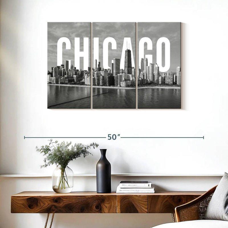 Impression sur toile monochromatique de Chicago, H 24 po x l 38 po x 1,25 po