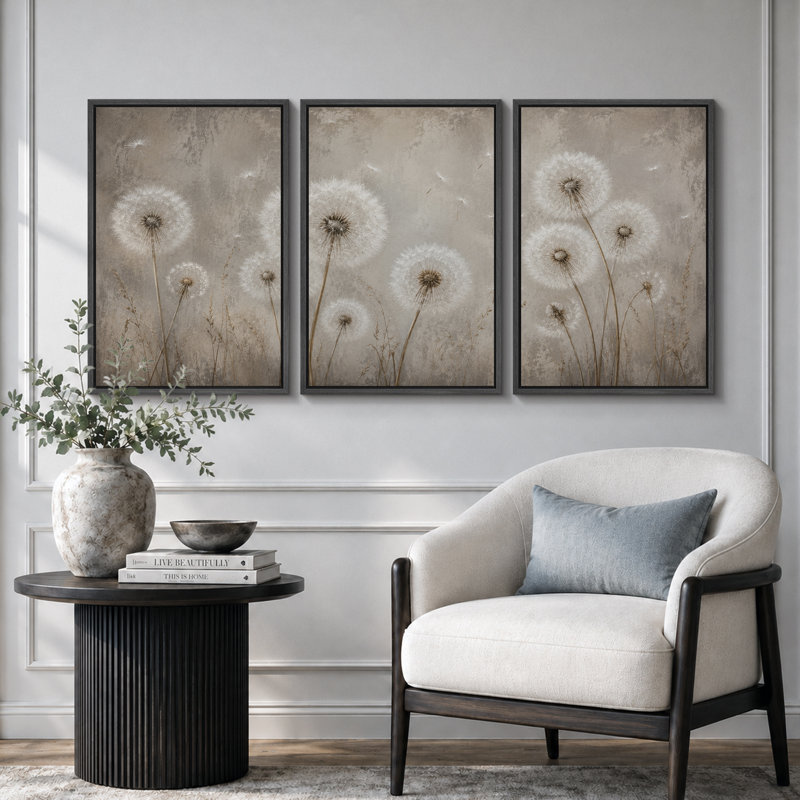 Neutre pissenlit, art botanique, photos de chambre à coucher, impression sur toile encadrée, 3 pièces, Cadre noir