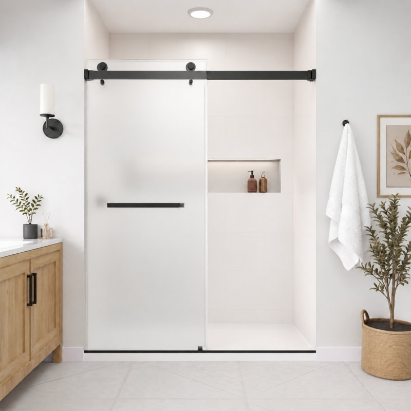 Porte de douche coulissante double sans cadre de 56 po à l 61 po x H 76 po Catalyst en noir mat avec verre gravé à l'acide 3/8 po