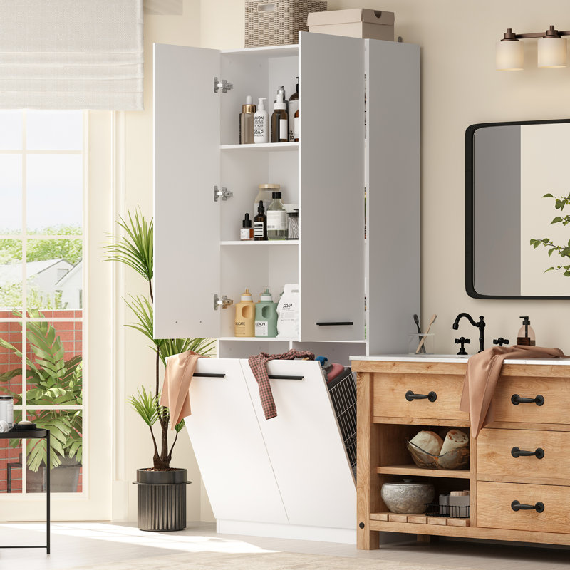 White Bathroom Laundry Cabinet With Strong Storage