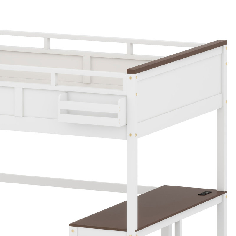 Lit mezzanine avec bureau intégré, étagères ouvertes, coffre de rangement et port de chargement USB