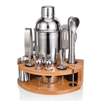 Bartender Kit With Stylish Bamboo Stand, 12 Piece 25Oz Cocktail Shaker Set For Mixed Drink, Professional Stainless Steel Bar Tool Set, Gift For Man Dad- Cocktail Recipes Booklet (Silver)