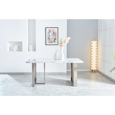 Table de salle à manger rectangulaire, l 63 po x l 35,4 po x H 29,8 po, blanc et noyer, pieds en acier inoxydable, sièges 6-8, facile à assembler pour la table de cuisine 6 ou 8, noyer et propre, salon / réunion