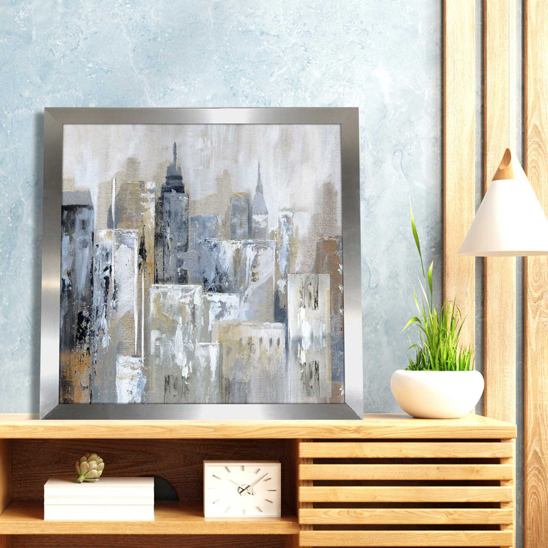 Bay City Reflection par Nan - Peinture, L 25,5 po x H 25,5 po, Encadrement argenté