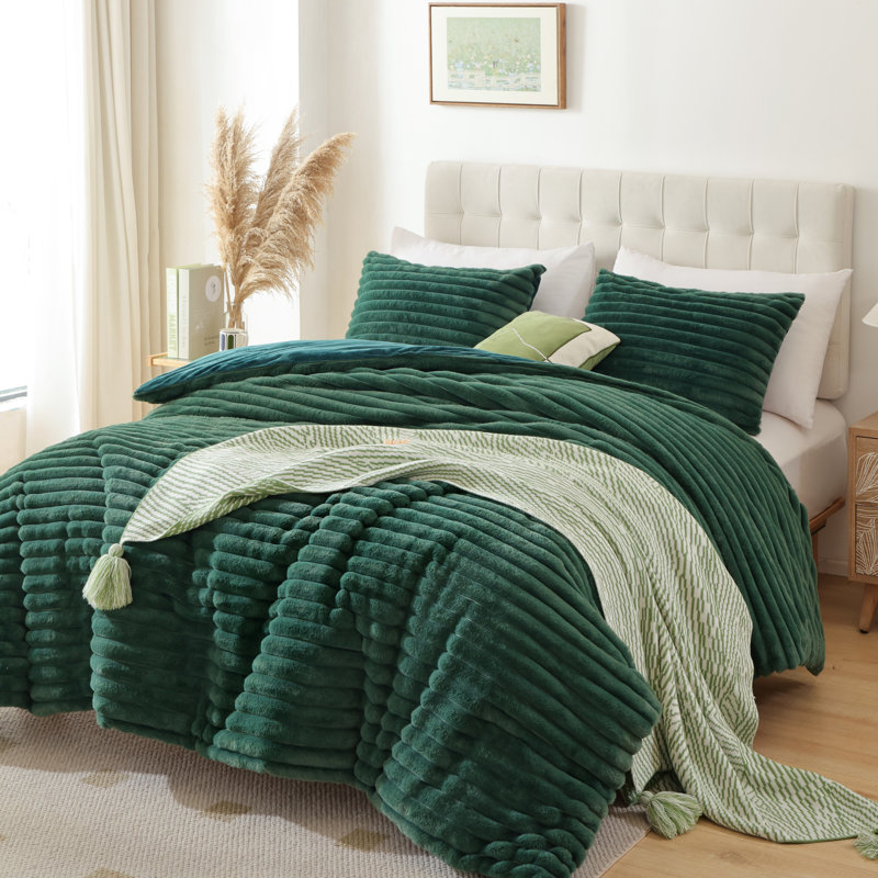 Fluffy Comforter Set 2 Pieces- All Seasons Heavy Faux Fur Comforter With One Pillowcase, Dark Green