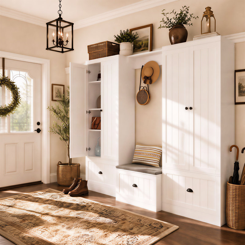 86.7" W Hall Tree Set with Bench, Cabinets, Drawers, Hooks and Entryway Storage