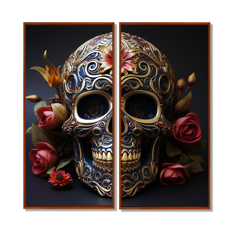 Crâne mexicain floral doré II - impressions modernes sur toile 2 pièces, 32" H x 32" W, Impression encadrée flottante, Brown