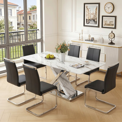 7-Piece Modern Rectangular Faux Marble Dining Set with Faux Leather Cantilever Chairs
