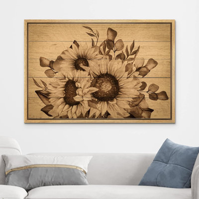 Panneau de tournesol effet bois rétro rétro classique sépia tournesols floraux sur toile
