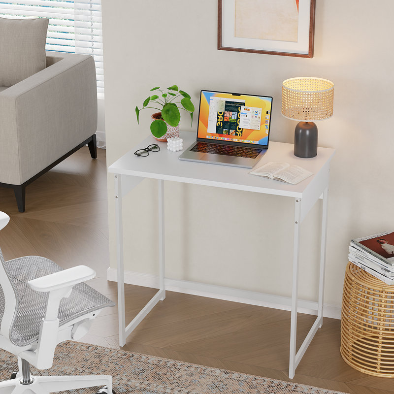 Compact Minimalist Writing Desk–Sturdy Metal Frame Computer Table for Small Spaces,Bedroom,Home Office, White, 37.4in