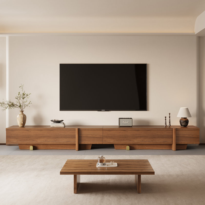 Meuble télé 71 po Mid-Century, console multimédia en bois brun pour le salon avec gestion des câbles