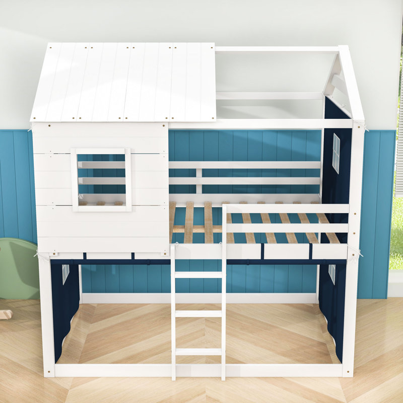 Wood House Bed With Tent And Ladder, Blue White, Full over Full