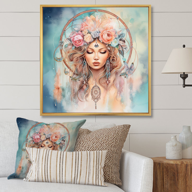Pink Dream Catcher Ethereal Weavings - Landscapes Wall Art Prints, H 16 po x l 16 po x P 1 po, Cadre flottant doré