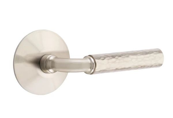 Mortaise intérieure Emtek Select avec rosette moderne et tige R-Bar, levier martelé, Gauche, Nickel poli