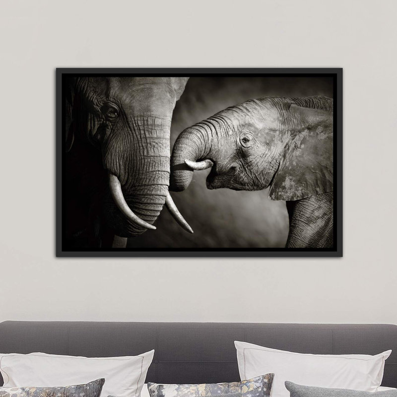 «Elephant Affection» par Johan Swanepoel - reproduction de photo, H 26 po x l 40 po x 1,5 po, Toile avec cadre noir patiné