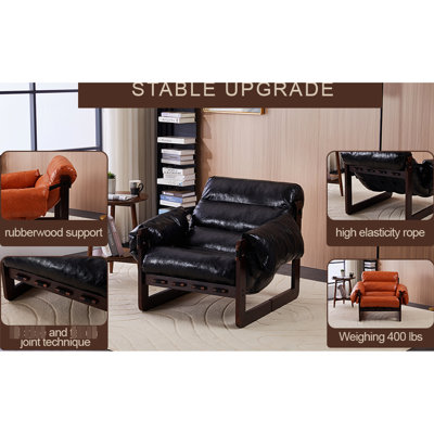 Fauteuil lounge moderne d'inspiration médiévale pour pièce à vivre principale, surface en cuir hydrofuge, traitement imperméabilisant, finition cire huilée noire antique rétro, idéal pour les petits appartements, finitions soignées.