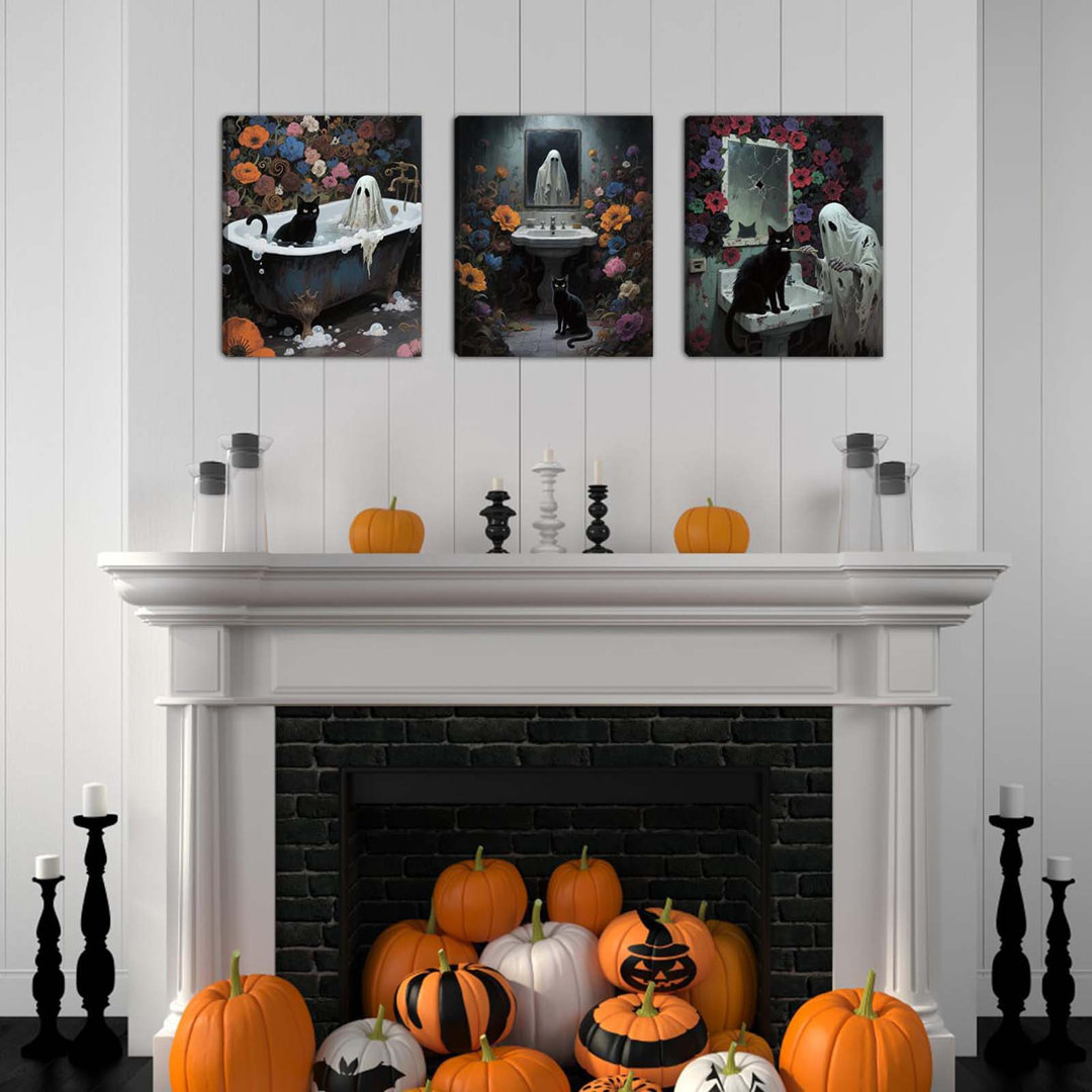 3PCS Framed Vintage Black Cat Ghost Canvas Wall Art Prints (12''X16''), Retro Halloween Spooky Bathroom Poster, Gothic Dark Academia Witchy Prints Wal
