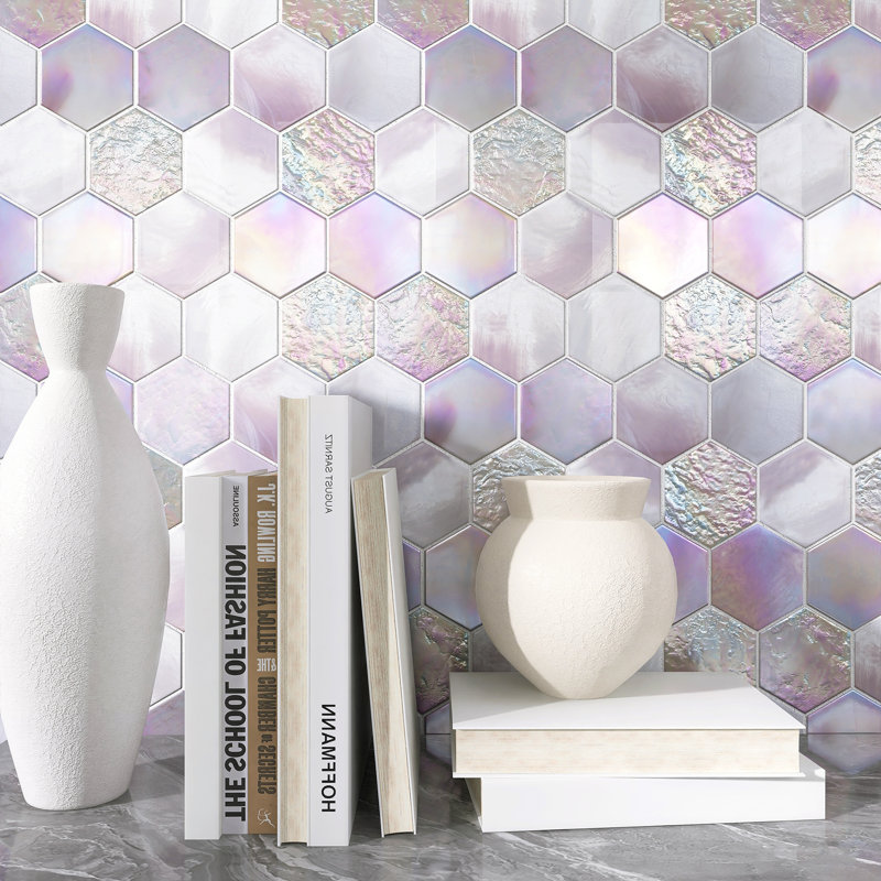 Aurora Glossy 3" x 3" Glass Hexagonal Mosaic Tile, Purple