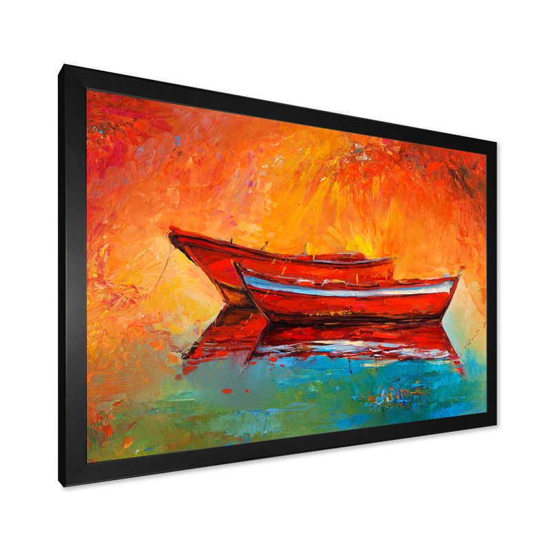 Deux bateaux rouges pendant la soirée - peinture sur toile, H 30 po x l 40 po x 1,5 po, Cadre noir