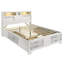 Lit double, style moderne, structure blanche, tiroirs en marbre, esthétique intégrée des luminaires, bois, panneaux, fonction de charge en C.