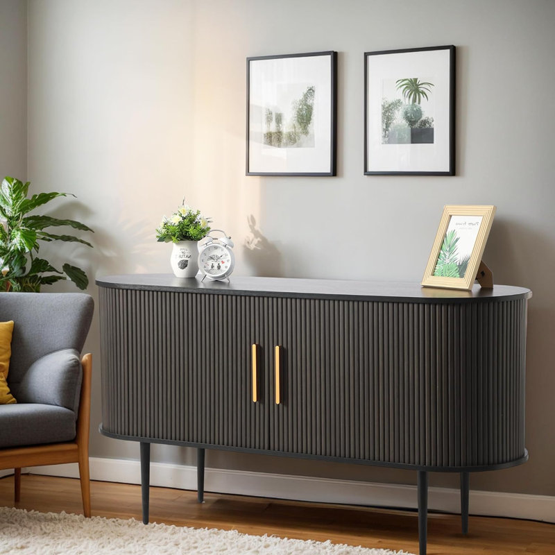 Buffet 55 "avec portes coulissantes cannelées, armoire de rangement Tambour avec tablettes, Noir