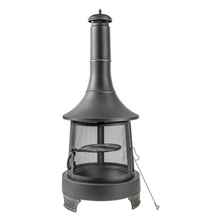 Deko Living 30 Inch Diameter Outdoor Steel Wood Burning Chimney Firepit with Cast Iron Cooking Grill and Poker