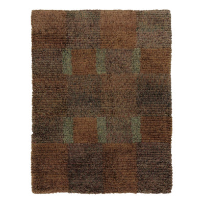 Vintage Swedish Rya Rug, Umber Brown Scandinavian Geometric Design - Rug & Kilim