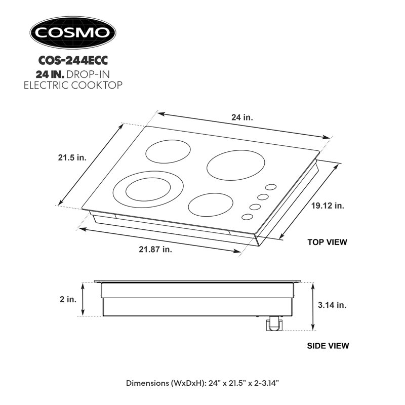 Cosmo 24 in. Electric Ceramic Glass Cooktop with 4 Elements, Dual Zone Element, Hot Surface Indicator Light and Control Knobs