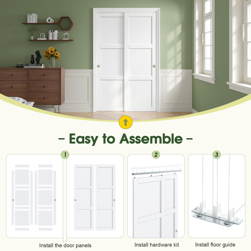 3-Panel Bypass Sliding Closet Doors With Installation Hardware Kit, 64" x 80.75"