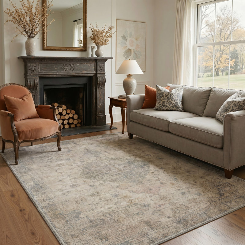 Tapis oriental beige / gris lavable à la machine avec envers antidérapant, Rectangle 6 pi x 9 pi