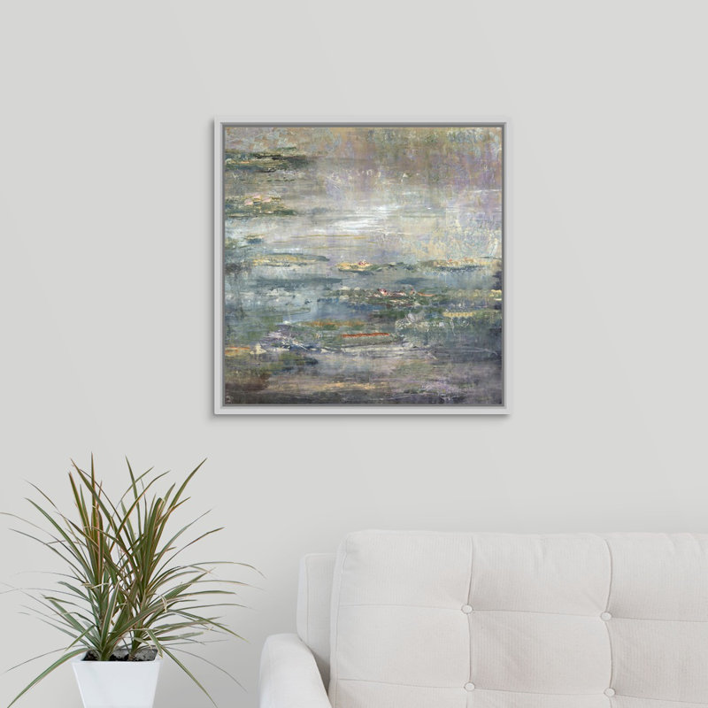 «Twilight Lilies II», peinture sur toile, H 21,7 po x l 21,7 po x P 1,75 po, Cadre flottant blanc