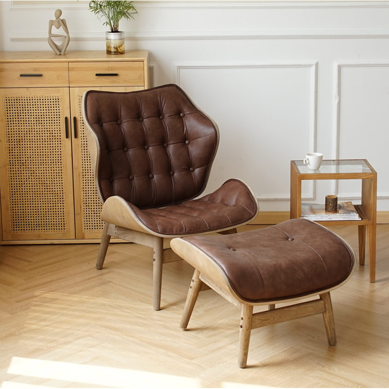 Jeyshan Upholstered Tufted Lounge Chair and Ottoman, Dark Brown Faux Leather