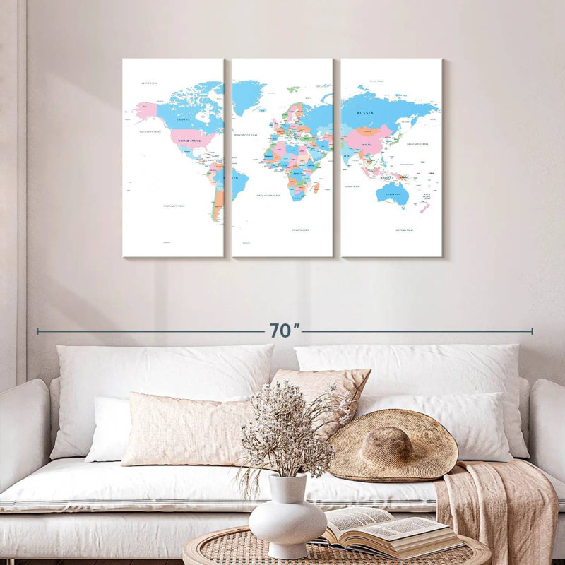 Carte du monde des pays pastel, H 28 po x l 45 po
