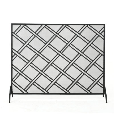  Single Panel Iron Fireplace Screen, Modern Diagonal Lattice Geometric Spark Guard for Hearth Safety, Mesh, Black