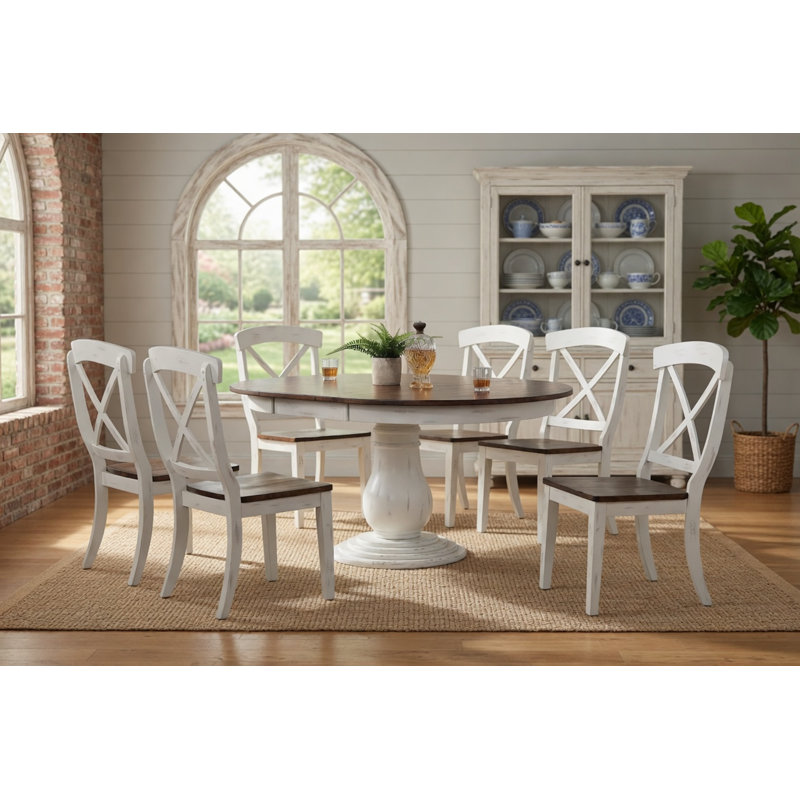7-Piece Round Extendable Solid Wood Pedestal Dining Table Set In White & Brown With 18" Gear Driven Takeout Leaf