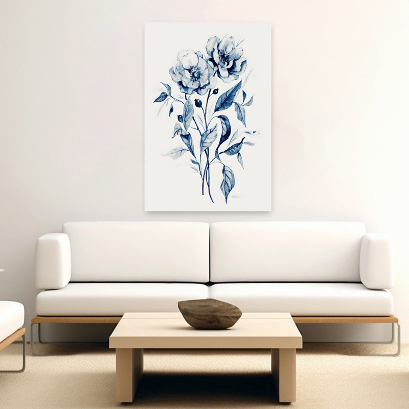 Indigo, roses sauvages I, délicat, pivoine éthérée, nature, art mural, H 60 po x l 40 po