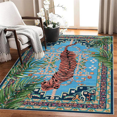 Tiger Washable Rugs Blue, Area Rugs For Living Room, Soft Large Vintage Bedroom