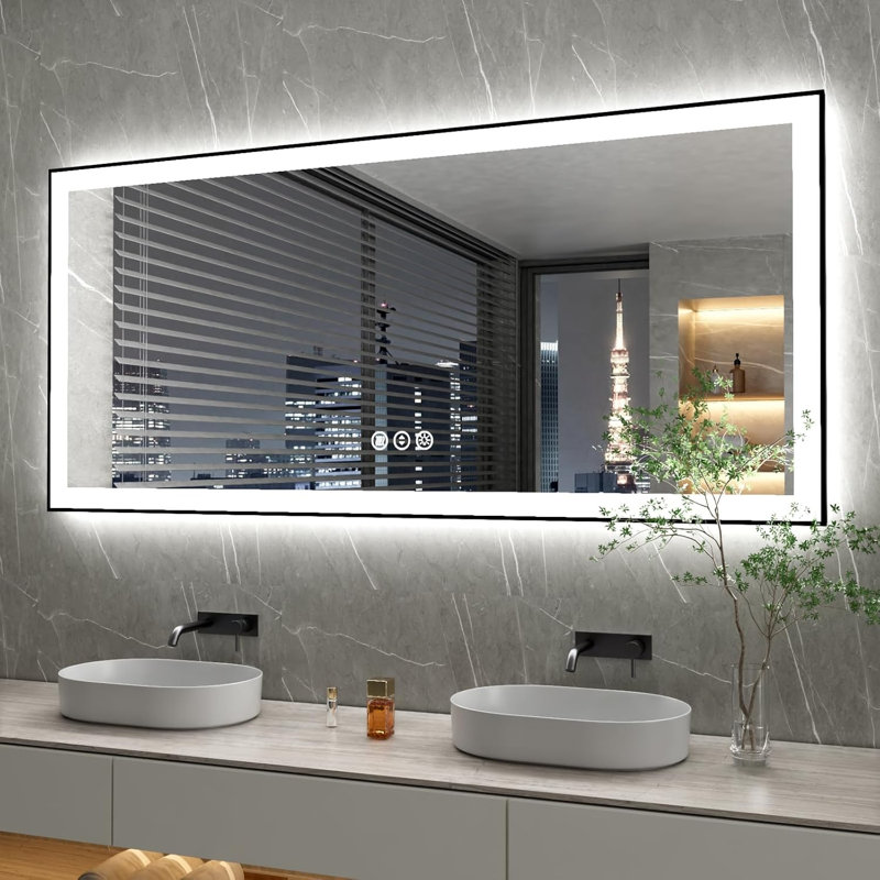 Miroir de salle de bain à DEL avec cadre noir, rétro-éclairé et miroirs de salle de bain éclairés, 40 po x 36 po